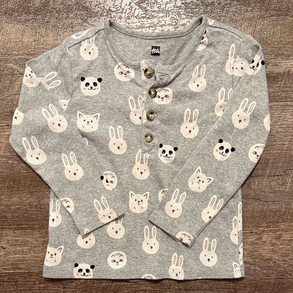 Tea Collection 100% Cotton Long Sleeve Henley in “Animal Buns” Print